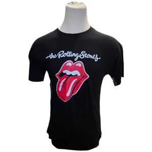The Rolling Stones Black Tee with Iconic Red Lips And Tongue  Logo.